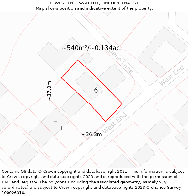 6, WEST END, WALCOTT, LINCOLN, LN4 3ST: Plot and title map