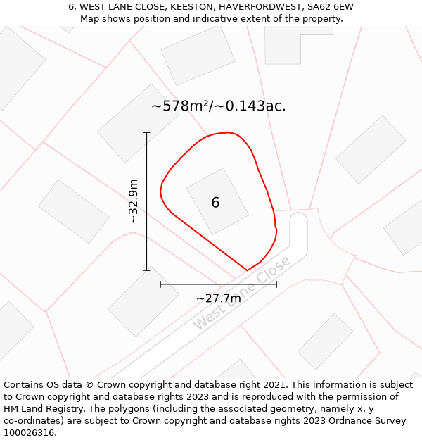 6, WEST LANE CLOSE, KEESTON, HAVERFORDWEST, SA62 6EW: Plot and title map