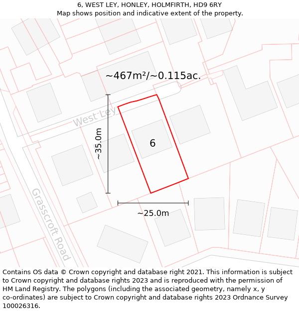 6, WEST LEY, HONLEY, HOLMFIRTH, HD9 6RY: Plot and title map