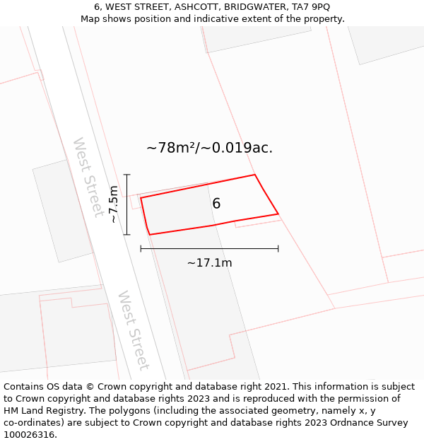 6, WEST STREET, ASHCOTT, BRIDGWATER, TA7 9PQ: Plot and title map