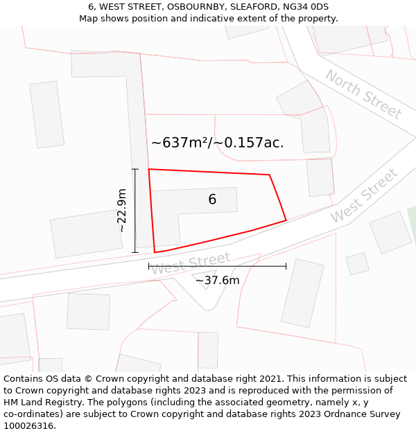 6, WEST STREET, OSBOURNBY, SLEAFORD, NG34 0DS: Plot and title map