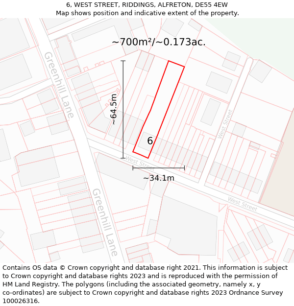 6, WEST STREET, RIDDINGS, ALFRETON, DE55 4EW: Plot and title map