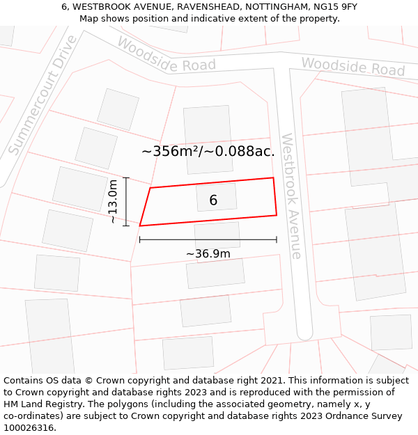 6, WESTBROOK AVENUE, RAVENSHEAD, NOTTINGHAM, NG15 9FY: Plot and title map