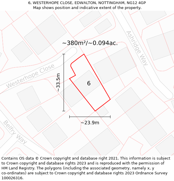 6, WESTERHOPE CLOSE, EDWALTON, NOTTINGHAM, NG12 4GP: Plot and title map