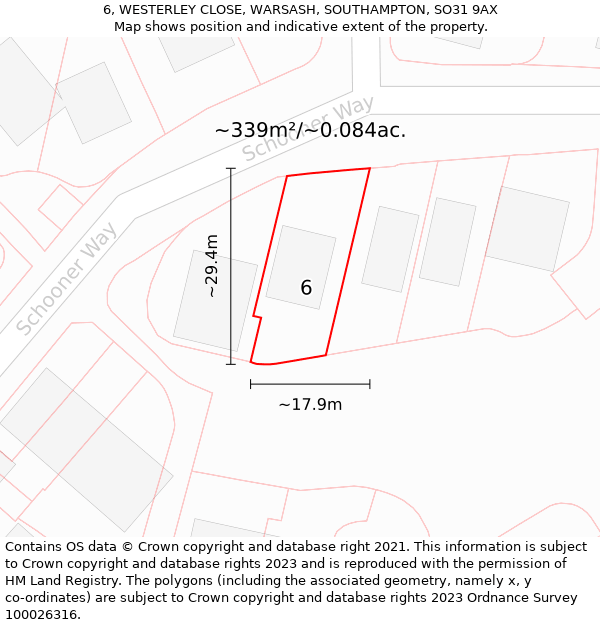 6, WESTERLEY CLOSE, WARSASH, SOUTHAMPTON, SO31 9AX: Plot and title map