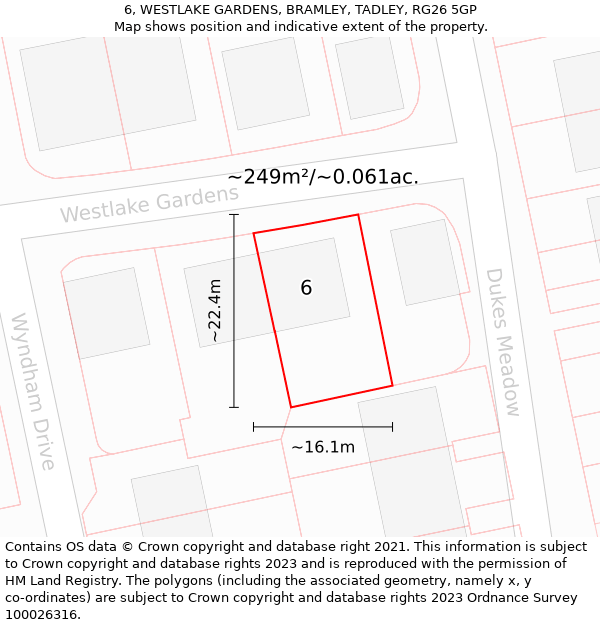 6, WESTLAKE GARDENS, BRAMLEY, TADLEY, RG26 5GP: Plot and title map