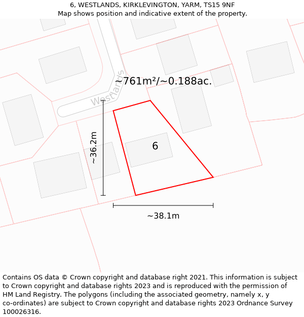 6, WESTLANDS, KIRKLEVINGTON, YARM, TS15 9NF: Plot and title map