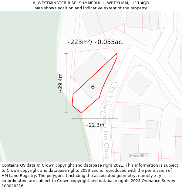 6, WESTMINSTER RISE, SUMMERHILL, WREXHAM, LL11 4QD: Plot and title map