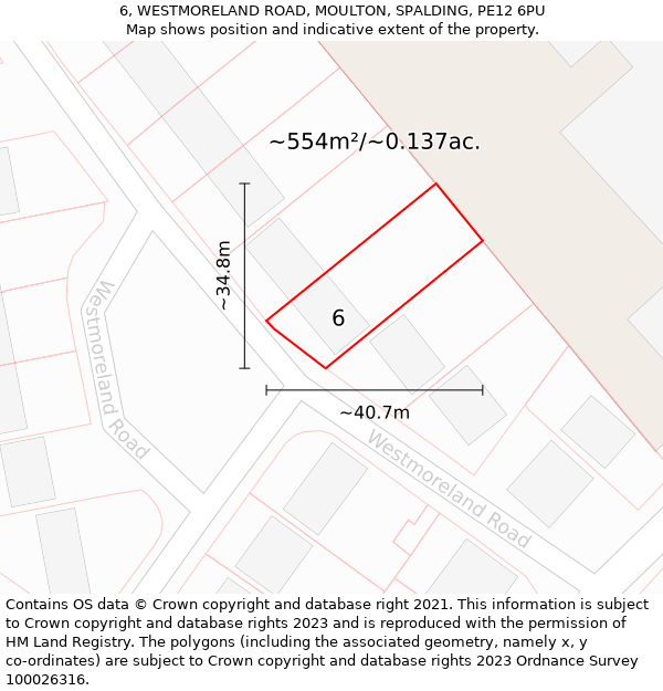 6, WESTMORELAND ROAD, MOULTON, SPALDING, PE12 6PU: Plot and title map