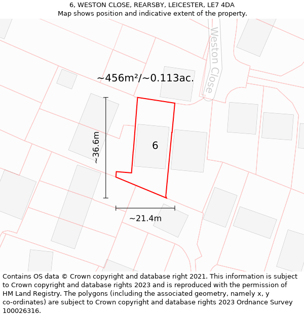 6, WESTON CLOSE, REARSBY, LEICESTER, LE7 4DA: Plot and title map