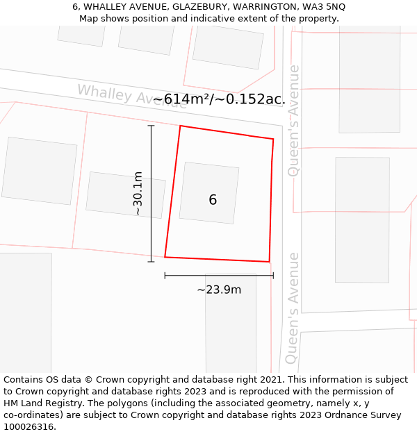 6, WHALLEY AVENUE, GLAZEBURY, WARRINGTON, WA3 5NQ: Plot and title map