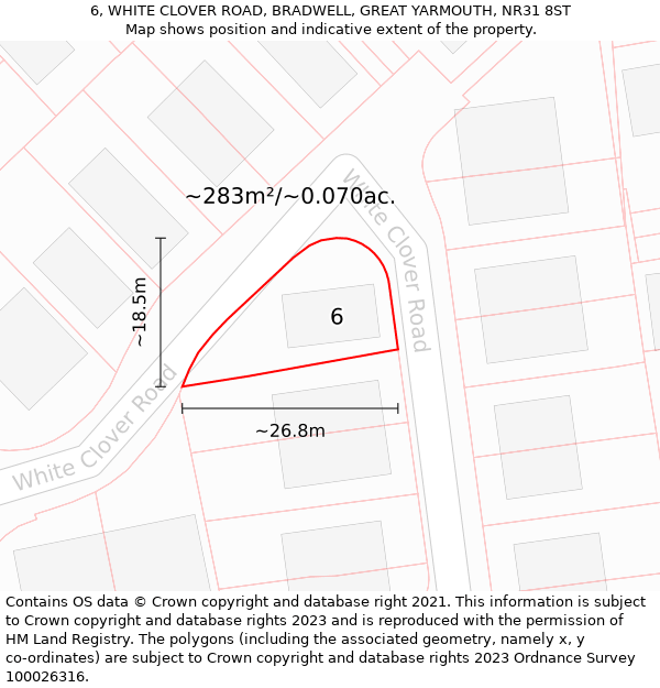 6, WHITE CLOVER ROAD, BRADWELL, GREAT YARMOUTH, NR31 8ST: Plot and title map