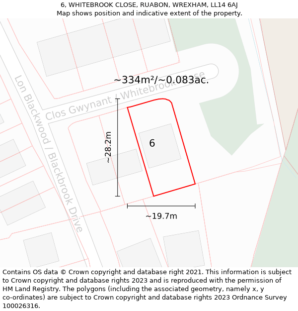 6, WHITEBROOK CLOSE, RUABON, WREXHAM, LL14 6AJ: Plot and title map