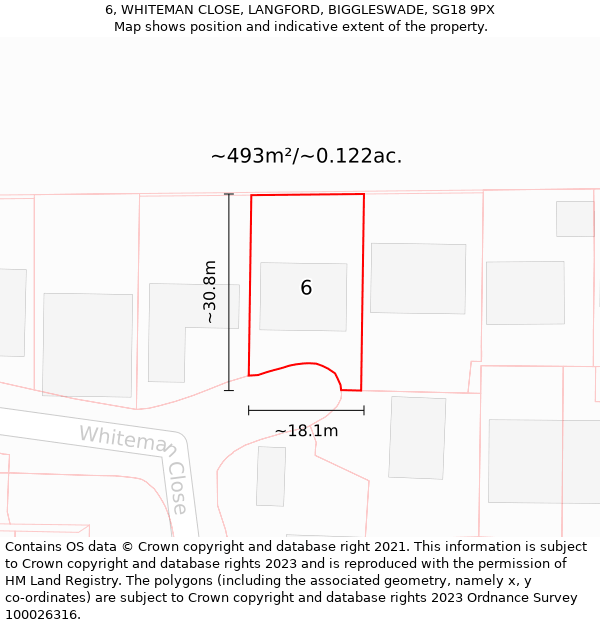 6, WHITEMAN CLOSE, LANGFORD, BIGGLESWADE, SG18 9PX: Plot and title map