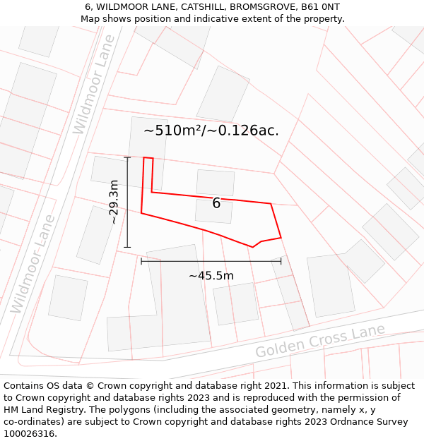 6, WILDMOOR LANE, CATSHILL, BROMSGROVE, B61 0NT: Plot and title map