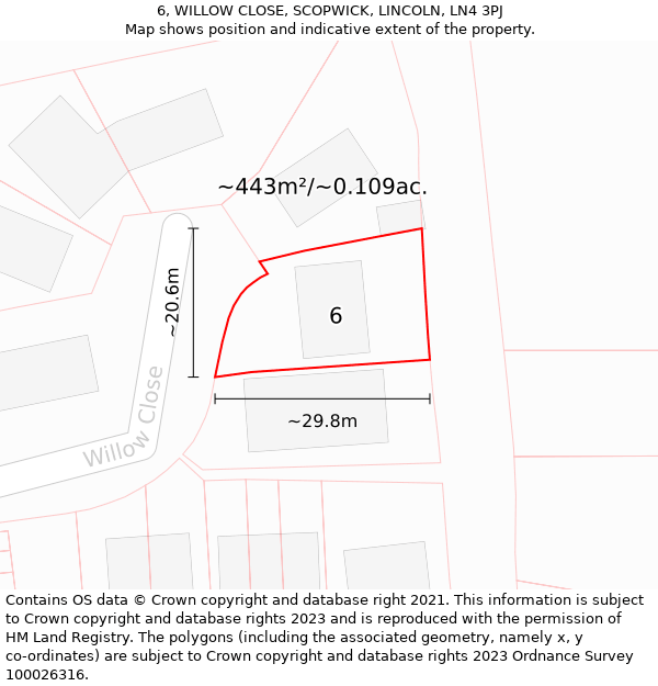 6, WILLOW CLOSE, SCOPWICK, LINCOLN, LN4 3PJ: Plot and title map