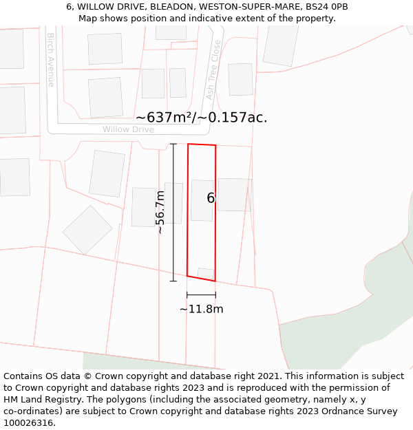 6, WILLOW DRIVE, BLEADON, WESTON-SUPER-MARE, BS24 0PB: Plot and title map