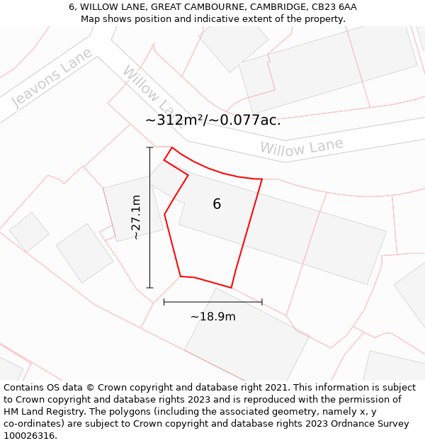 6, WILLOW LANE, GREAT CAMBOURNE, CAMBRIDGE, CB23 6AA: Plot and title map