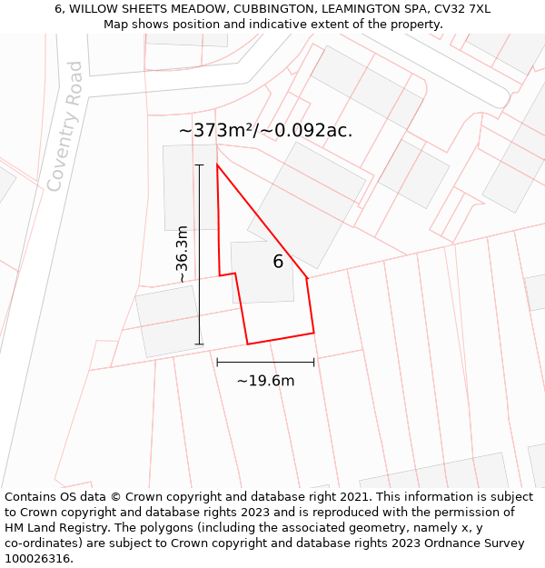 6, WILLOW SHEETS MEADOW, CUBBINGTON, LEAMINGTON SPA, CV32 7XL: Plot and title map