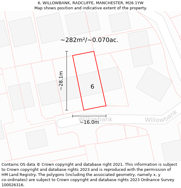 6, WILLOWBANK, RADCLIFFE, MANCHESTER, M26 1YW: Plot and title map