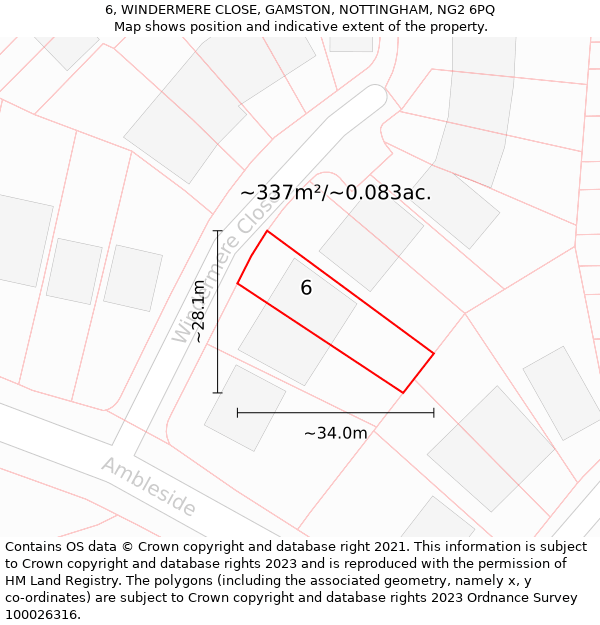 6, WINDERMERE CLOSE, GAMSTON, NOTTINGHAM, NG2 6PQ: Plot and title map