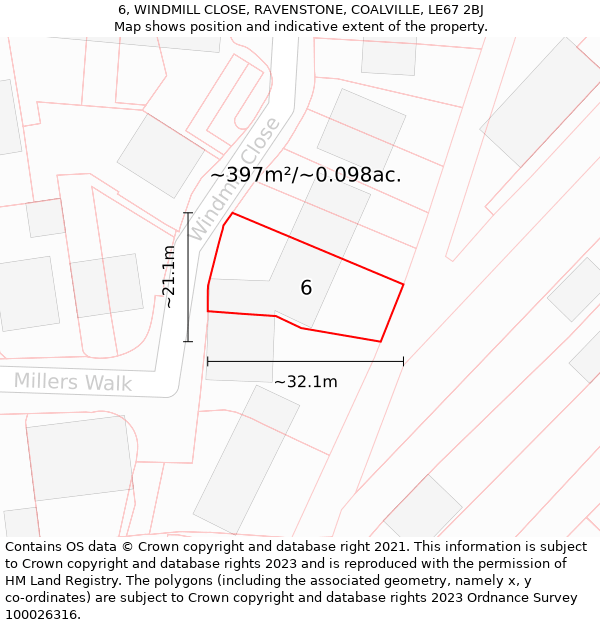 6, WINDMILL CLOSE, RAVENSTONE, COALVILLE, LE67 2BJ: Plot and title map