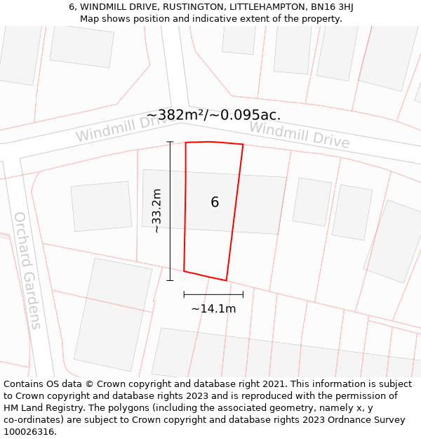 6, WINDMILL DRIVE, RUSTINGTON, LITTLEHAMPTON, BN16 3HJ: Plot and title map