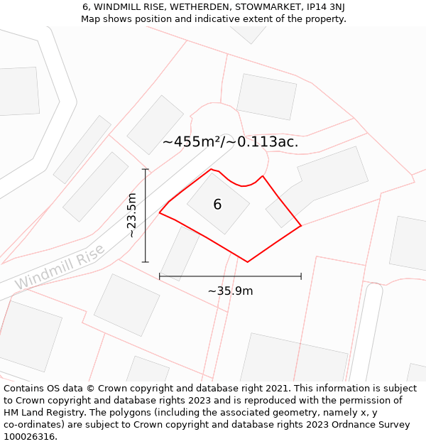 6, WINDMILL RISE, WETHERDEN, STOWMARKET, IP14 3NJ: Plot and title map