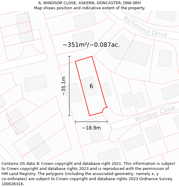 6, WINDSOR CLOSE, ASKERN, DONCASTER, DN6 0RH: Plot and title map