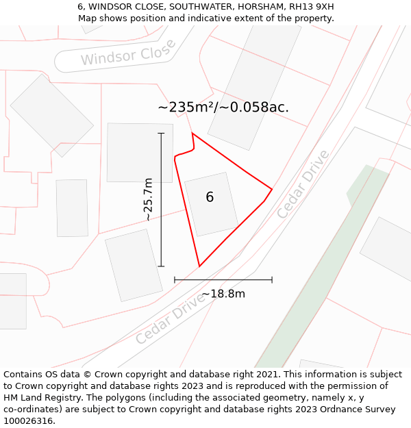 6, WINDSOR CLOSE, SOUTHWATER, HORSHAM, RH13 9XH: Plot and title map