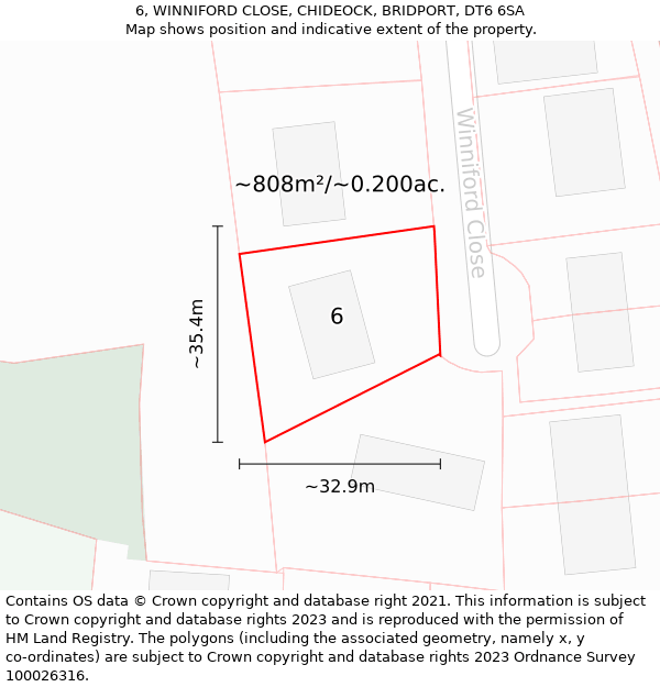 6, WINNIFORD CLOSE, CHIDEOCK, BRIDPORT, DT6 6SA: Plot and title map