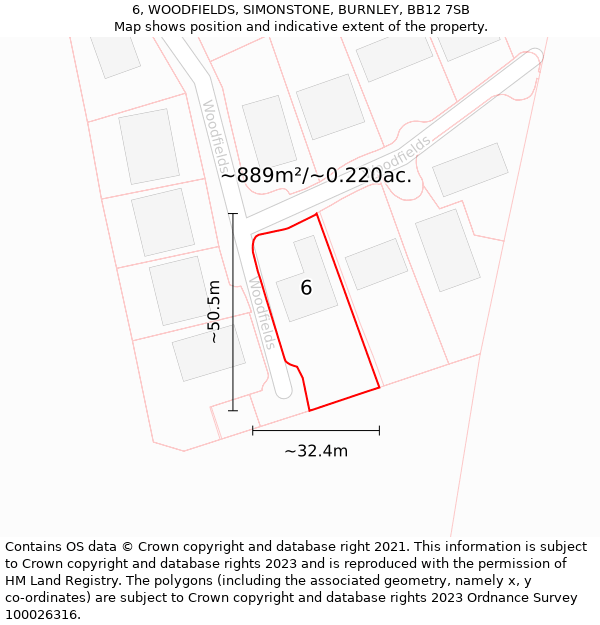 6, WOODFIELDS, SIMONSTONE, BURNLEY, BB12 7SB: Plot and title map