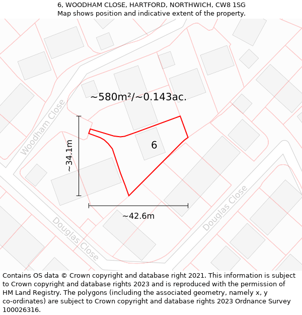 6, WOODHAM CLOSE, HARTFORD, NORTHWICH, CW8 1SG: Plot and title map