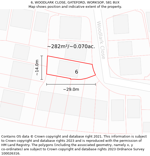 6, WOODLARK CLOSE, GATEFORD, WORKSOP, S81 8UX: Plot and title map