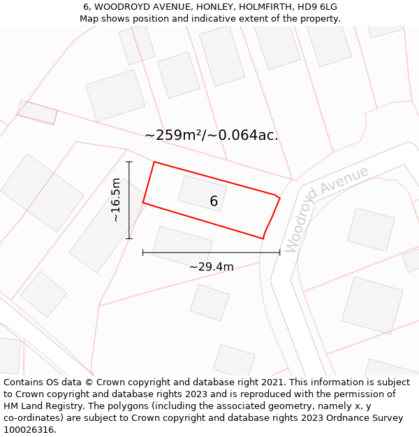 6, WOODROYD AVENUE, HONLEY, HOLMFIRTH, HD9 6LG: Plot and title map