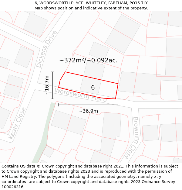 6, WORDSWORTH PLACE, WHITELEY, FAREHAM, PO15 7LY: Plot and title map