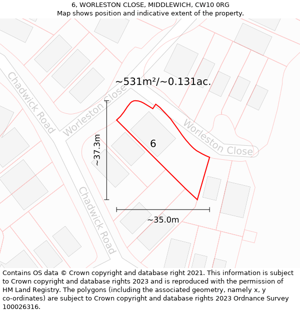 6, WORLESTON CLOSE, MIDDLEWICH, CW10 0RG: Plot and title map