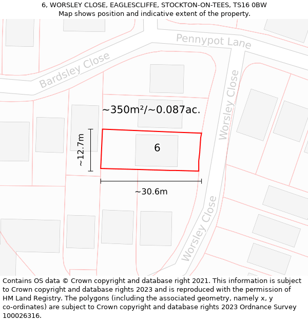 6, WORSLEY CLOSE, EAGLESCLIFFE, STOCKTON-ON-TEES, TS16 0BW: Plot and title map