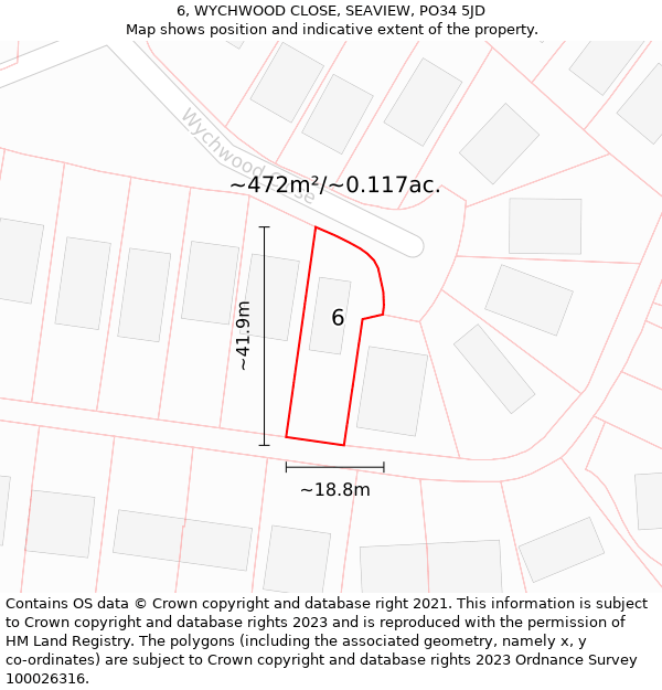 6, WYCHWOOD CLOSE, SEAVIEW, PO34 5JD: Plot and title map