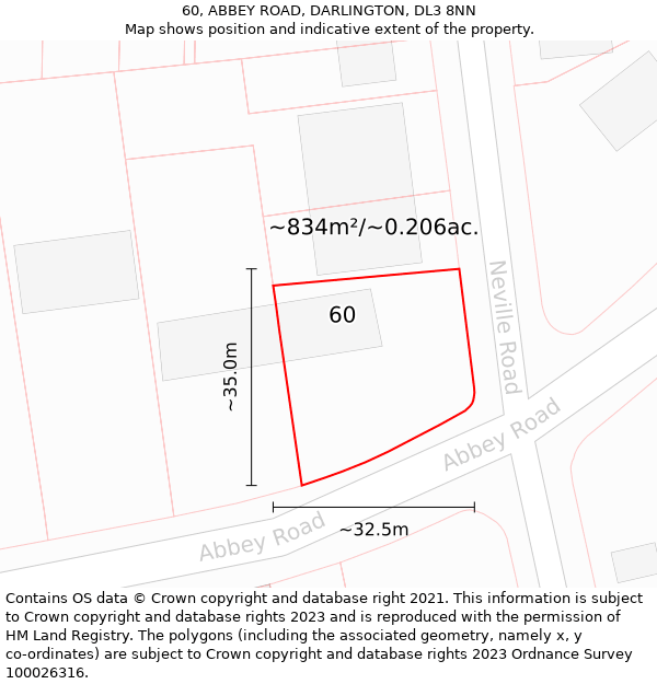60, ABBEY ROAD, DARLINGTON, DL3 8NN: Plot and title map