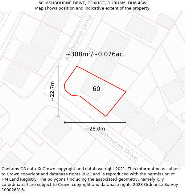 60, ASHBOURNE DRIVE, COXHOE, DURHAM, DH6 4SW: Plot and title map