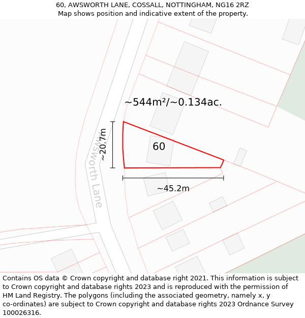 60, AWSWORTH LANE, COSSALL, NOTTINGHAM, NG16 2RZ: Plot and title map