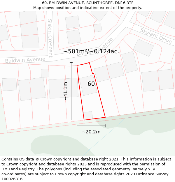 60, BALDWIN AVENUE, SCUNTHORPE, DN16 3TF: Plot and title map