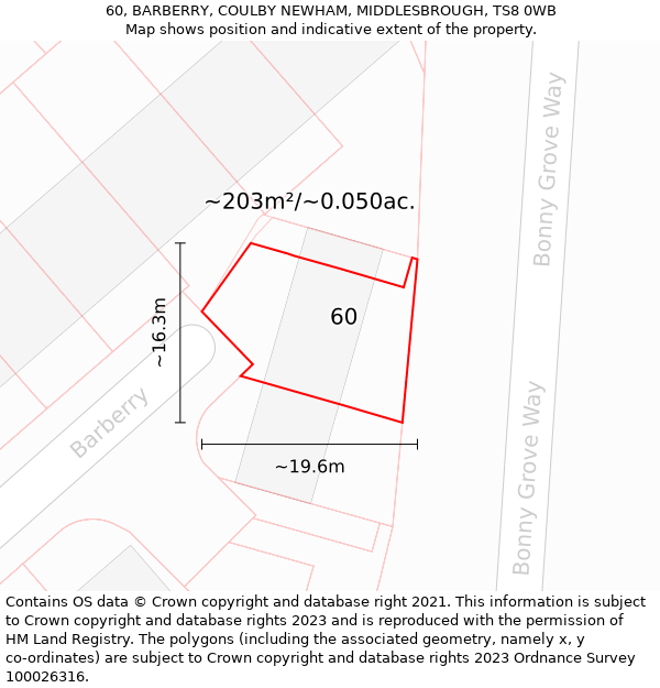 60, BARBERRY, COULBY NEWHAM, MIDDLESBROUGH, TS8 0WB: Plot and title map