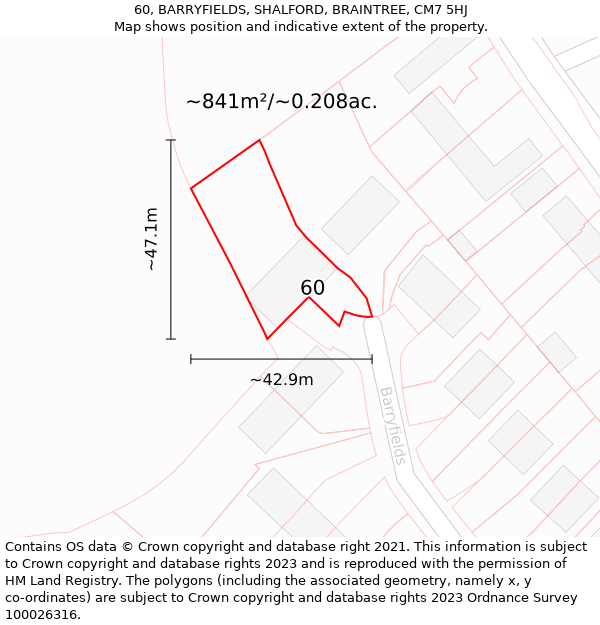 60, BARRYFIELDS, SHALFORD, BRAINTREE, CM7 5HJ: Plot and title map