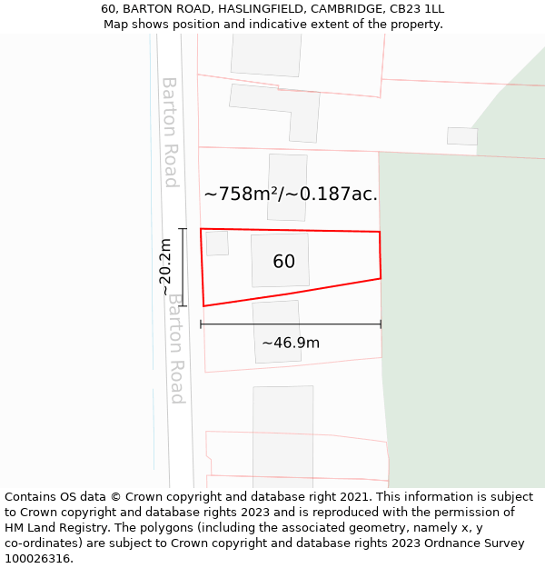 60, BARTON ROAD, HASLINGFIELD, CAMBRIDGE, CB23 1LL: Plot and title map