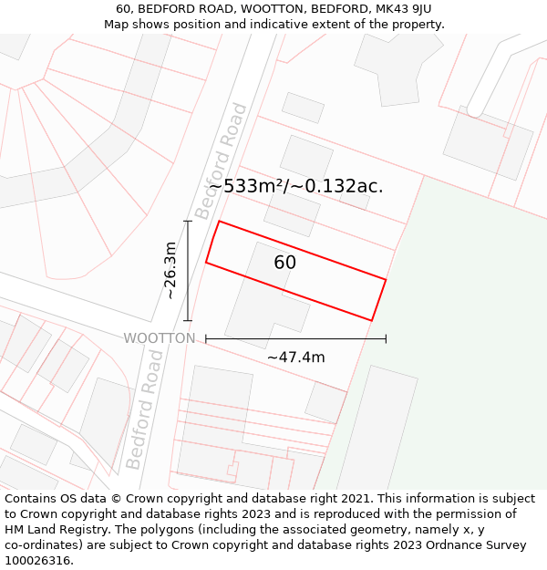 60, BEDFORD ROAD, WOOTTON, BEDFORD, MK43 9JU: Plot and title map