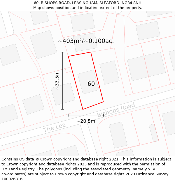 60, BISHOPS ROAD, LEASINGHAM, SLEAFORD, NG34 8NH: Plot and title map