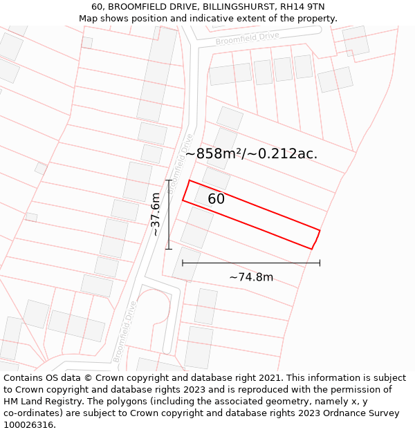 60, BROOMFIELD DRIVE, BILLINGSHURST, RH14 9TN: Plot and title map