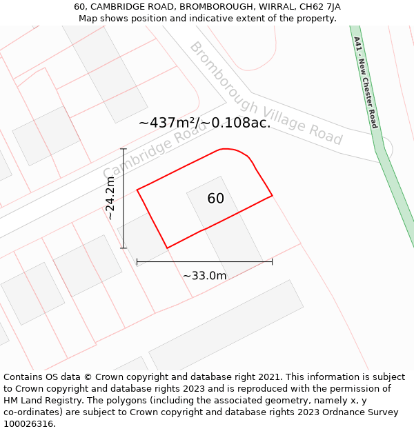 60, CAMBRIDGE ROAD, BROMBOROUGH, WIRRAL, CH62 7JA: Plot and title map